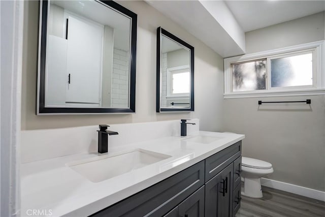 bathroom featuring vanity, wood-type flooring, and toilet