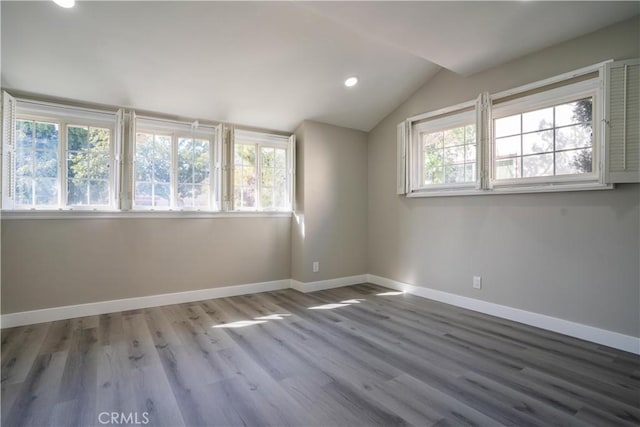 spare room featuring lofted ceiling and hardwood / wood-style floors