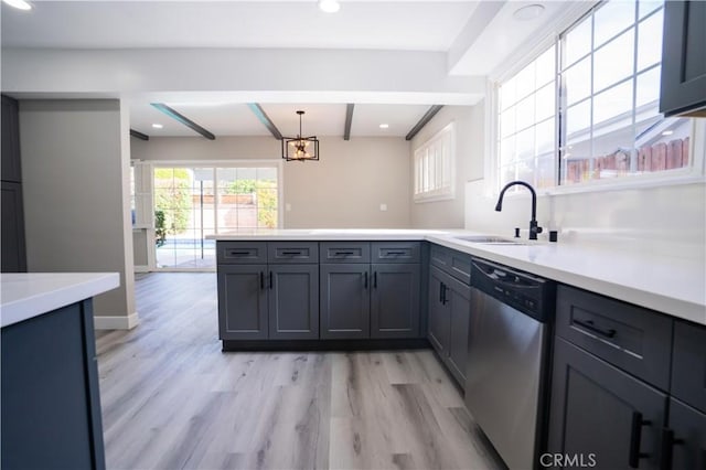 kitchen featuring pendant lighting, beamed ceiling, dishwasher, sink, and light hardwood / wood-style floors