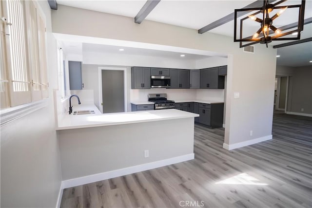 kitchen with sink, gray cabinetry, appliances with stainless steel finishes, kitchen peninsula, and beamed ceiling