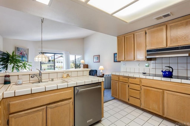 kitchen featuring dishwasher, sink, tile countertops, and black electric cooktop