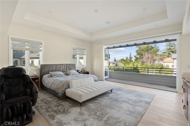 bedroom featuring a raised ceiling, access to outside, and multiple windows