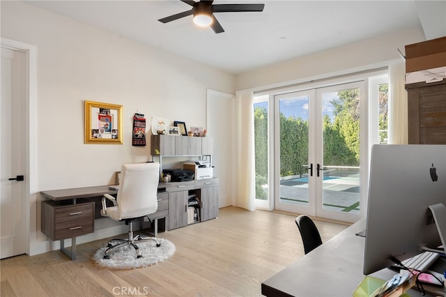 office area with light hardwood / wood-style flooring, french doors, and ceiling fan