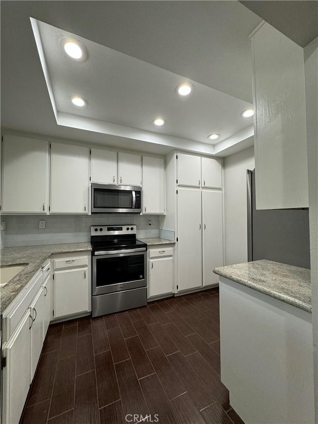 kitchen with white cabinetry, appliances with stainless steel finishes, and a tray ceiling