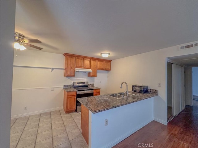 kitchen featuring sink, ceiling fan, stainless steel range with electric stovetop, dark stone countertops, and kitchen peninsula