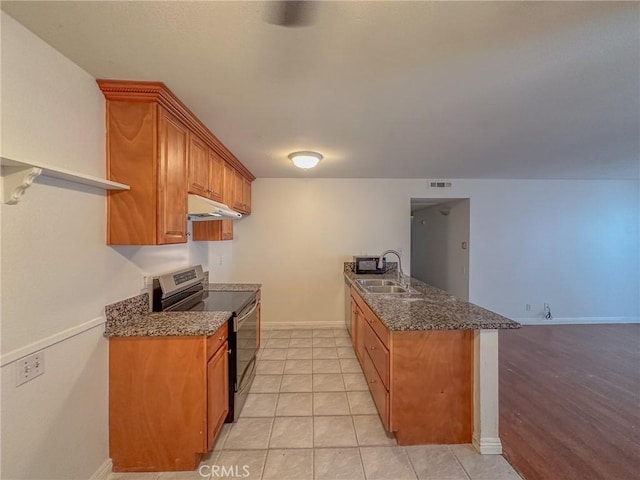 kitchen featuring stainless steel electric stove, sink, dark stone counters, light tile patterned floors, and kitchen peninsula