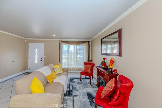 tiled living room with crown molding and a wealth of natural light