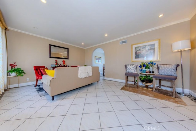 tiled living room with crown molding