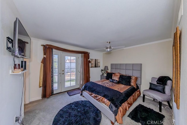 carpeted bedroom featuring french doors, ceiling fan, ornamental molding, and access to outside