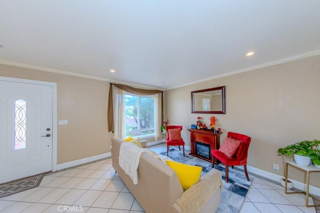 living room featuring ornamental molding and light tile patterned floors