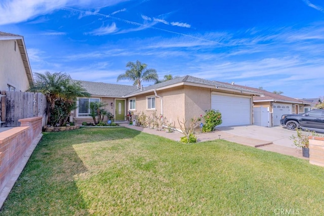 ranch-style home with a garage and a front yard