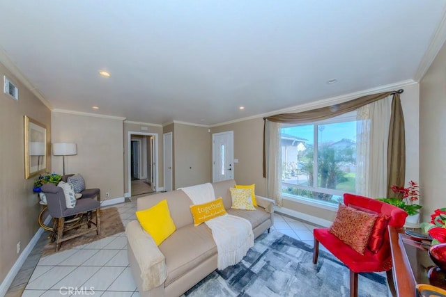 tiled living room with ornamental molding