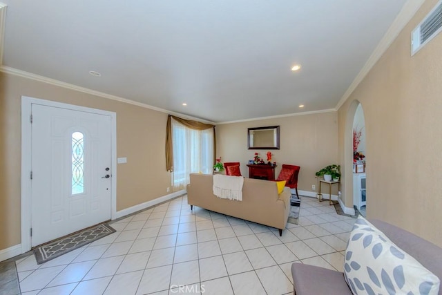 tiled living room featuring crown molding