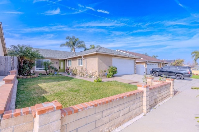 ranch-style home featuring a garage and a front lawn