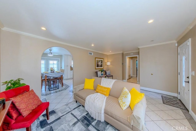 tiled living room with crown molding