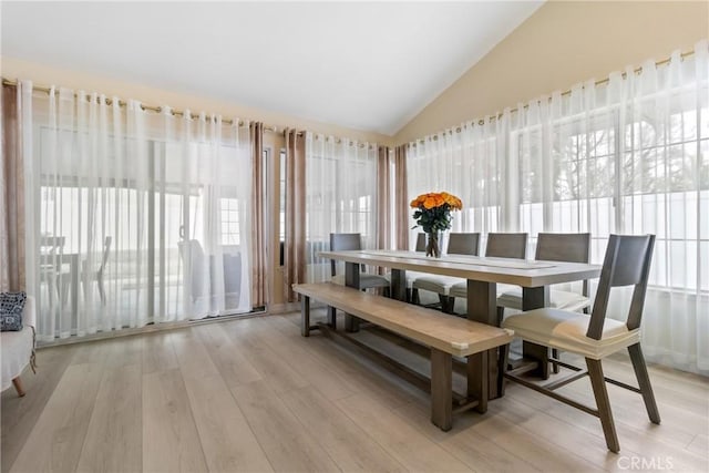 dining area with lofted ceiling, a wealth of natural light, and light hardwood / wood-style floors