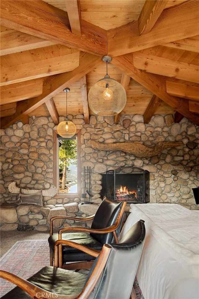 living room with wood ceiling, a fireplace, and beam ceiling