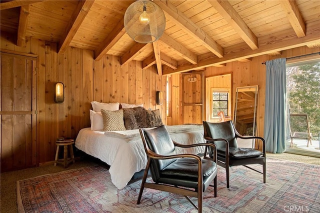 bedroom with beam ceiling, carpet floors, wood ceiling, and wood walls