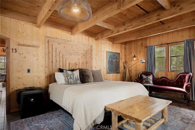 bedroom with beam ceiling, wooden walls, and wooden ceiling