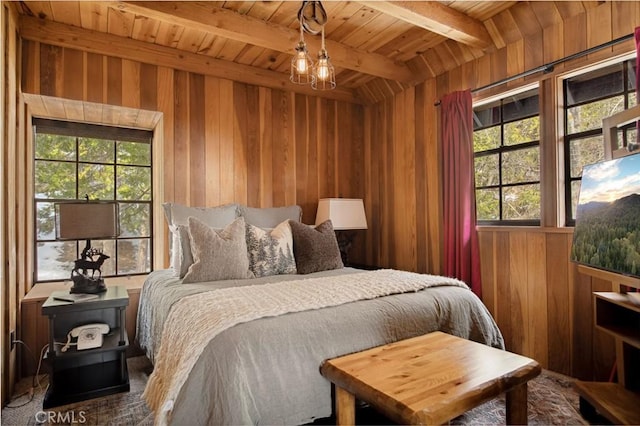 bedroom with wood ceiling, beamed ceiling, and wood walls