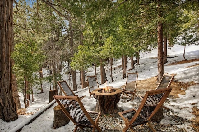 yard covered in snow with an outdoor fire pit