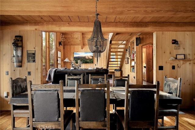 dining room featuring beamed ceiling, wooden ceiling, and wood walls