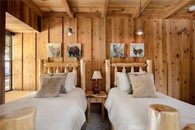 bedroom featuring wood ceiling, beam ceiling, and wood walls