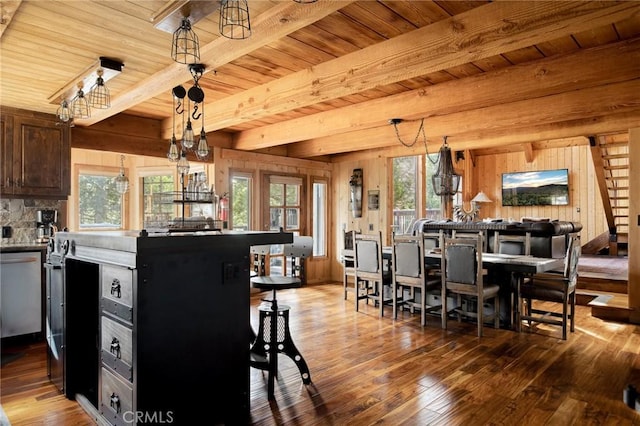 kitchen featuring hanging light fixtures, a wealth of natural light, hardwood / wood-style floors, and beamed ceiling