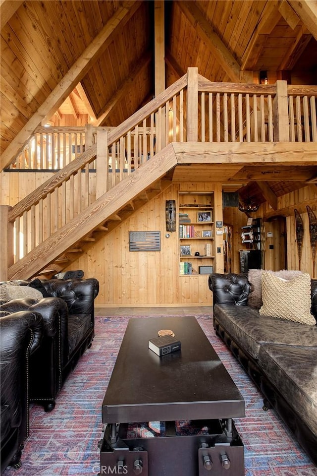 living room featuring high vaulted ceiling, wood ceiling, beam ceiling, and wood walls