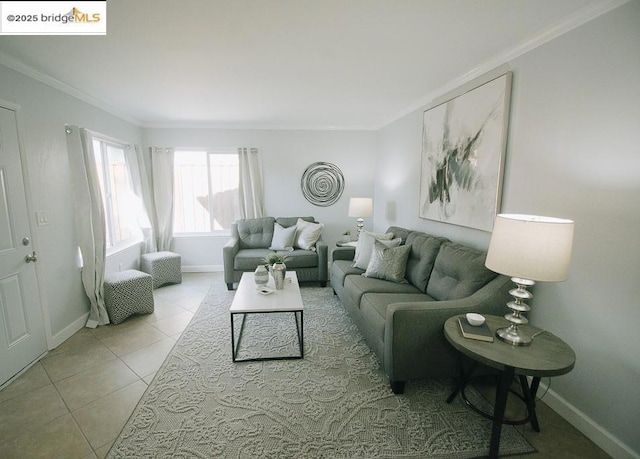 tiled living room featuring ornamental molding