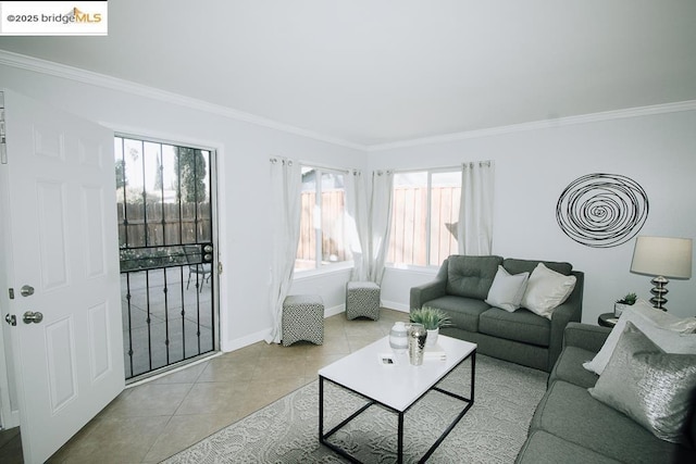 tiled living room with crown molding