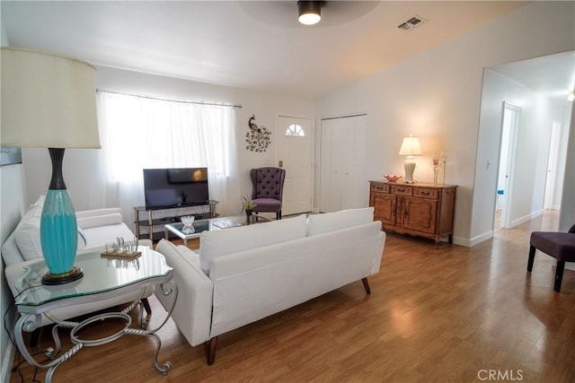 living room with lofted ceiling and wood-type flooring