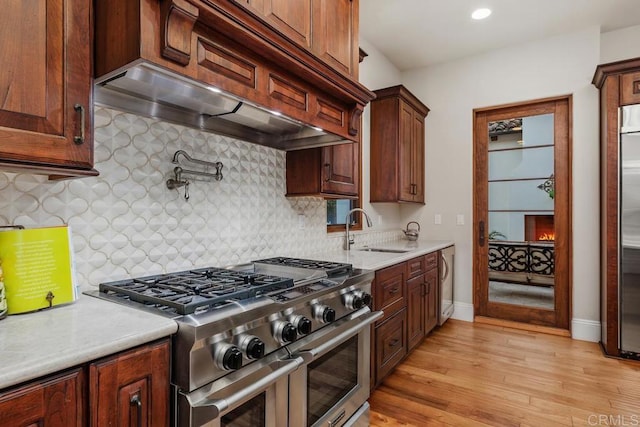 kitchen with premium range hood, sink, backsplash, stainless steel appliances, and light wood-type flooring