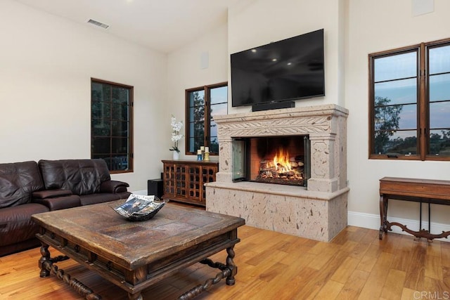 living room with hardwood / wood-style flooring and a fireplace