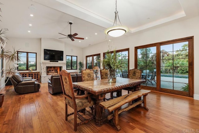 dining area with a tray ceiling, vaulted ceiling, ceiling fan, and light wood-type flooring