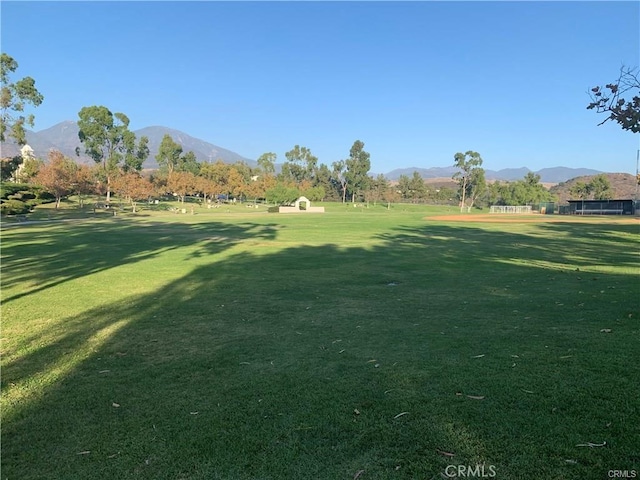 view of community featuring a mountain view and a lawn