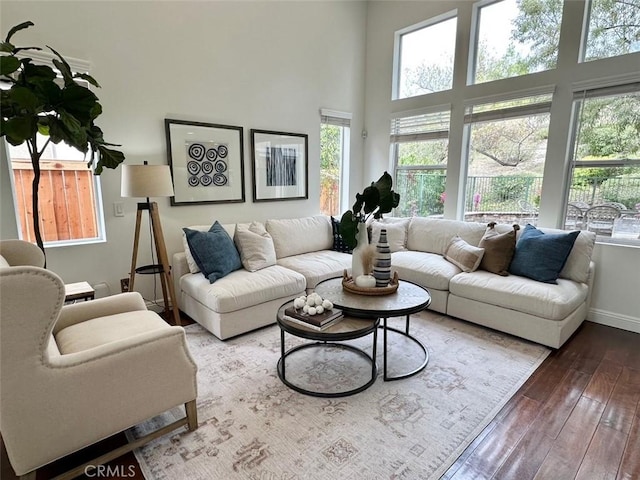 living room with a towering ceiling and hardwood / wood-style floors