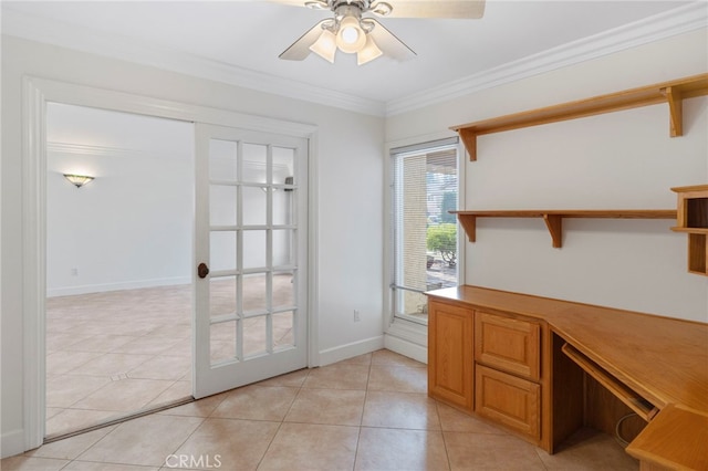 office featuring light tile patterned floors, crown molding, and ceiling fan