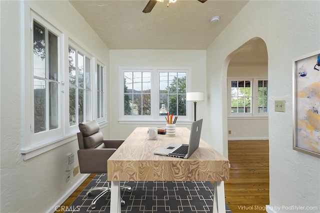 interior space featuring wood-type flooring and ceiling fan