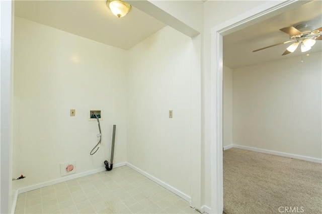 washroom featuring light carpet, hookup for a washing machine, and ceiling fan