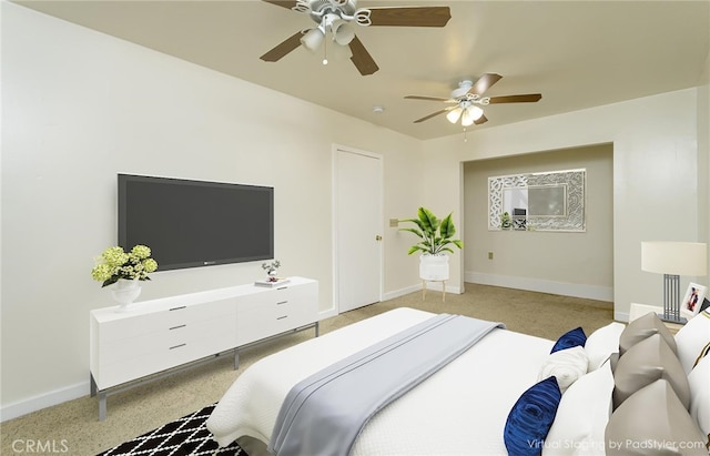 carpeted bedroom featuring ceiling fan