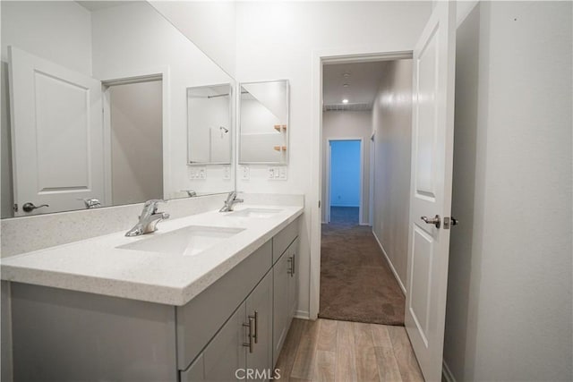 bathroom with hardwood / wood-style flooring and vanity