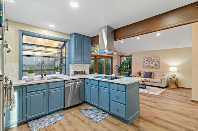 kitchen featuring sink, island exhaust hood, black electric cooktop, stainless steel dishwasher, and kitchen peninsula