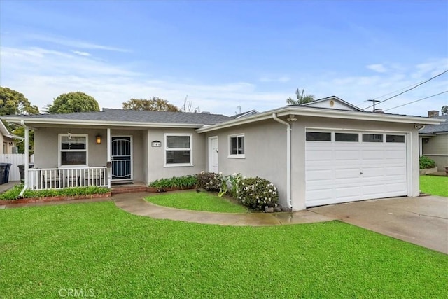 single story home with a garage, a front lawn, and a porch