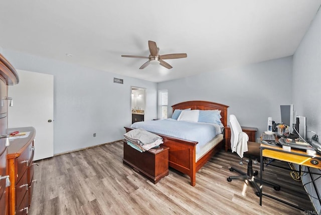 bedroom featuring ceiling fan and light wood-type flooring