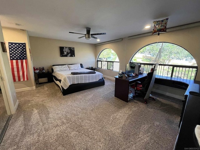 bedroom with ceiling fan and carpet