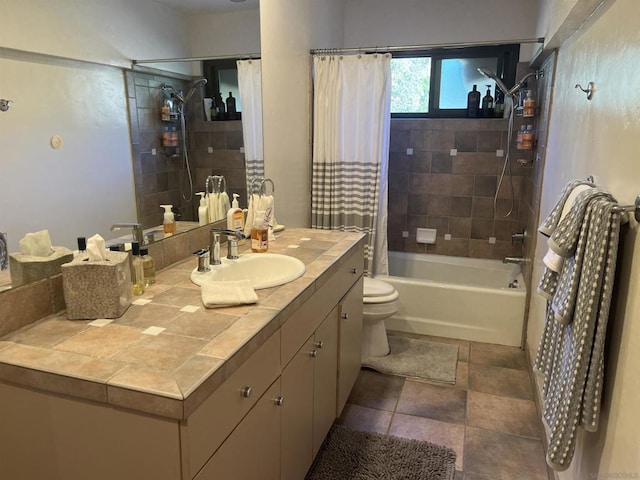 full bathroom with shower / bathtub combination with curtain, vanity, and toilet