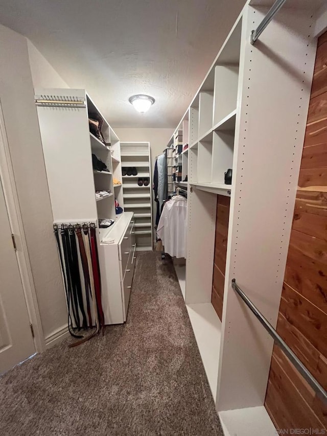 walk in closet featuring dark carpet