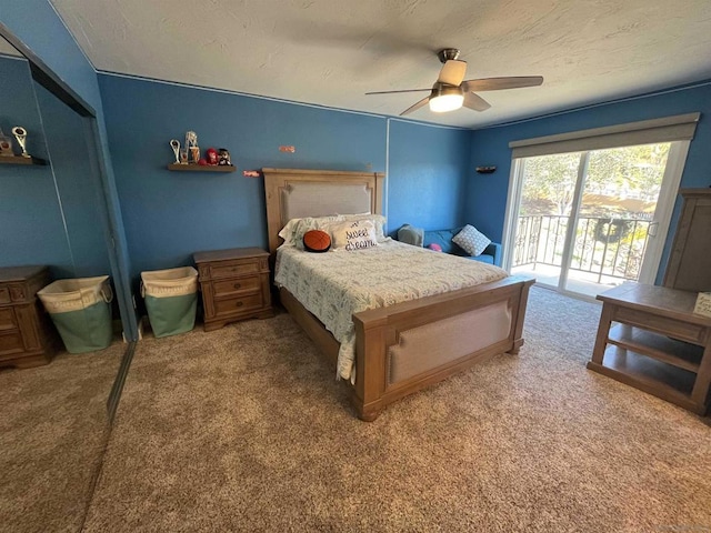 bedroom featuring carpet floors, access to outside, a closet, and ceiling fan