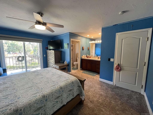 bedroom with ceiling fan, connected bathroom, carpet floors, a textured ceiling, and access to outside